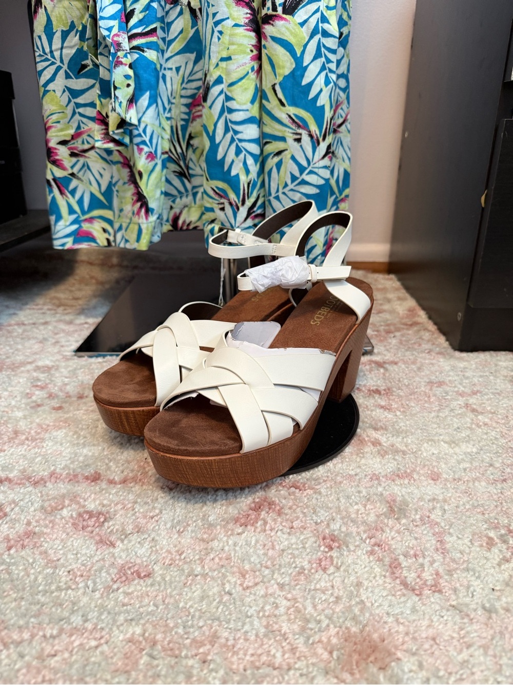 White Mountain White and Brown Platform Sandals with Ankle Strap